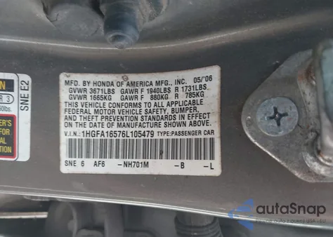 2006 Honda Civic Lx from USA, damaged, VIN 1HGFA16576L105479